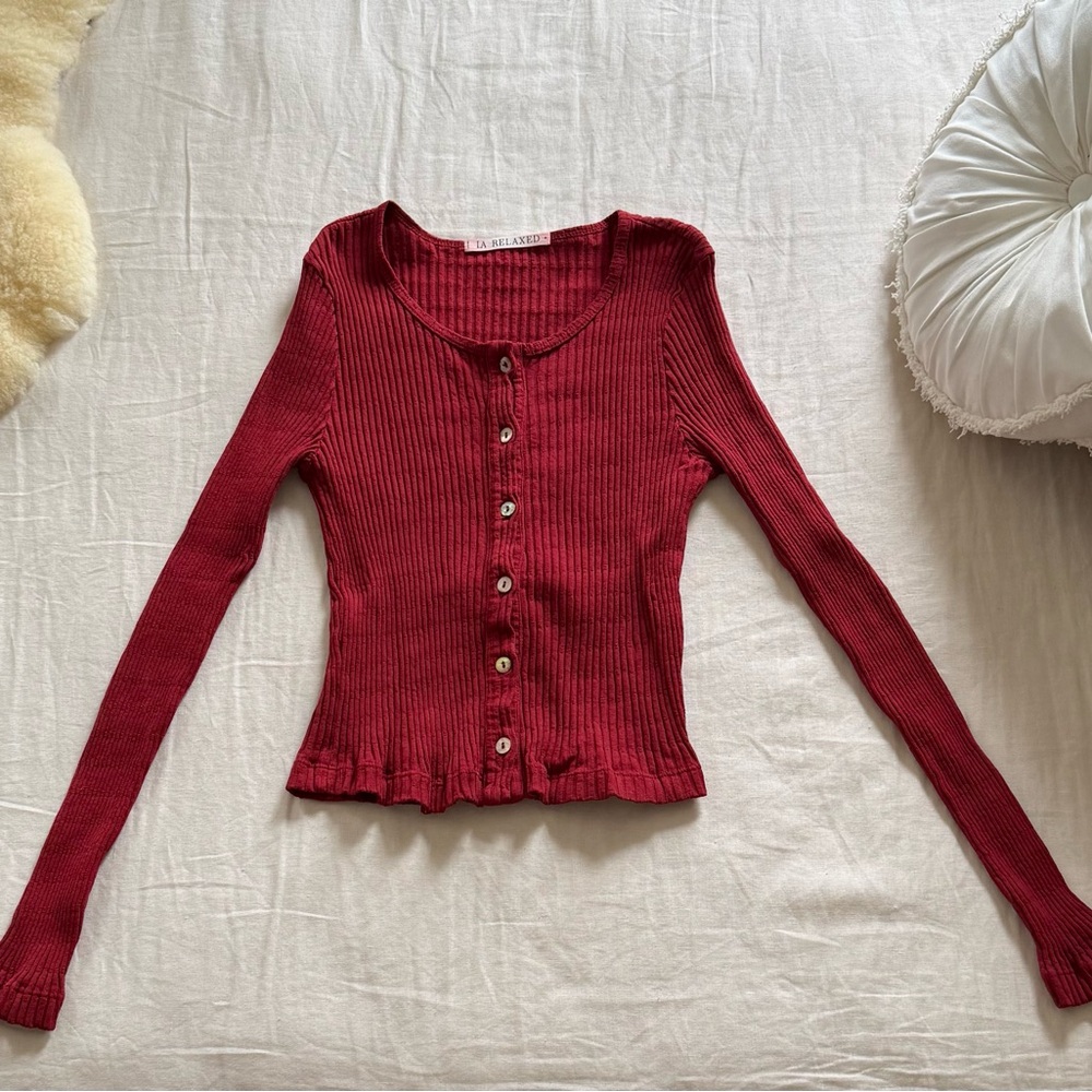 LA Relaxed Cranberry Pointelle Cardigan